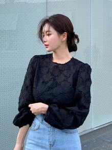 DAZY Solid Lantern Sleeve Zip Back Blouse - Black - View 4