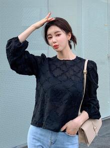 DAZY Solid Lantern Sleeve Zip Back Blouse - Black - View 5