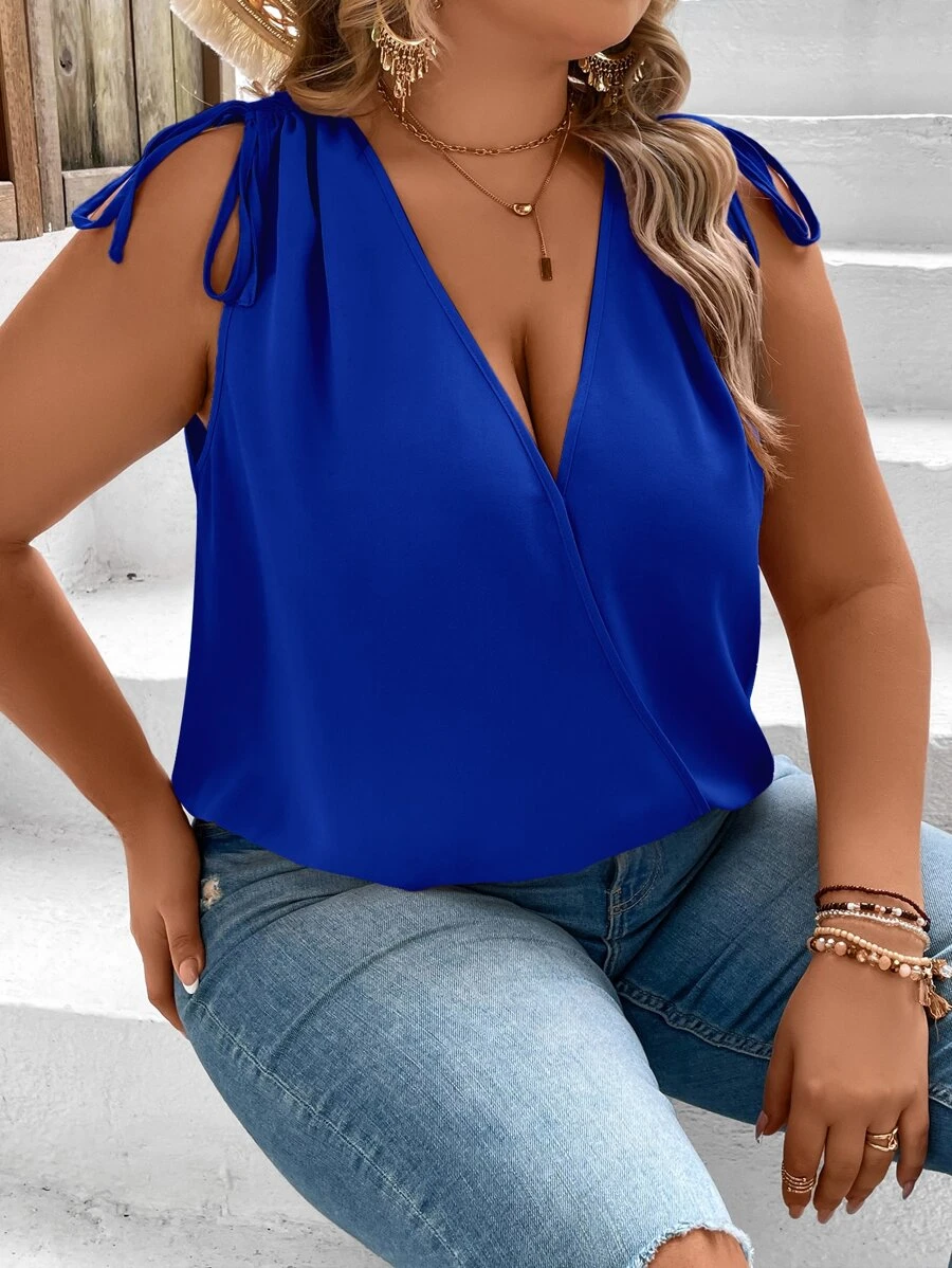SHEIN VCAY Plus Drawstring Shoulder Surplice Neck Blouse - Royal Blue - View 1