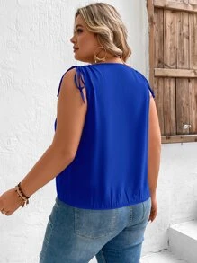 SHEIN VCAY Plus Drawstring Shoulder Surplice Neck Blouse - Royal Blue - View 2