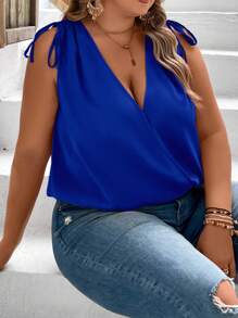 SHEIN VCAY Plus Drawstring Shoulder Surplice Neck Blouse - Royal Blue - View 3