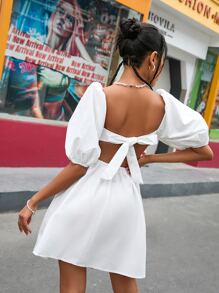 SHEIN EZwear Square Neck Puff Sleeve Tie Backless Dress - White - View 2