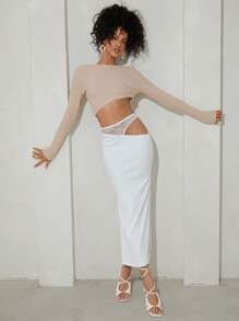 SHEINNeu Váy nữ Cắt ra Gân đan Tách cao màu trơn Gợi cảm - trắng - Xem 1