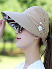 1入組女士珍珠和花朵裝飾防曬時尚遮陽帽適合夏天 - 卡其色 - 查看 1