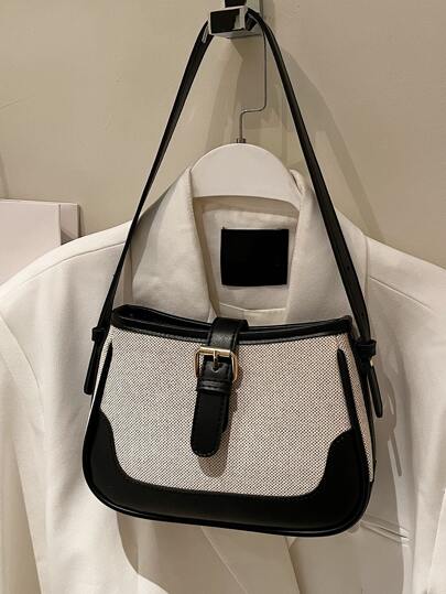 Stylish Linen & Suede Color-Block Versatile Elegant Shoulder Bag, Perfectly Matching With Fall Outfits Women