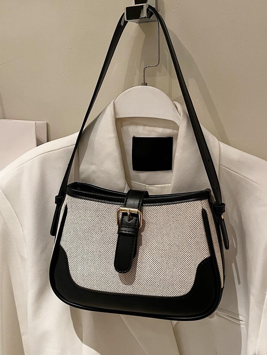 Fashionable Linen Fabric Color Block Shoulder Crossbody Bag , All-match And Elegant For Shopping Niche Design Shoulder Bag Color Contrast Crossbody Bag Trendy Underarm Purse for Women - Hitam - View 1
