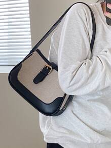 Fashionable Linen Fabric Color Block Shoulder Crossbody Bag , All-match And Elegant For Shopping Niche Design Shoulder Bag Color Contrast Crossbody Bag Trendy Underarm Purse for Women - Hitam - View 2