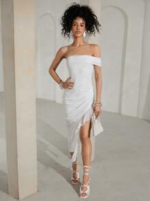 SHEINNeu 單肩褶邊高衩連衣裙 - 白色 - 查看 3