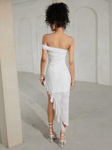 SHEINNeu 單肩褶邊高衩連衣裙 - 白色 - 查看 2