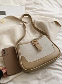 Túi đeo vai thanh lịch bằng vải lanh và da lộn giả thời trang màu tương phản cho trang phục thường ngày - Màu Khaki - Xem 3