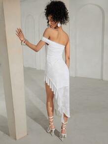 SHEINNeu 單肩褶邊高衩連衣裙 - 白色 - 查看 6