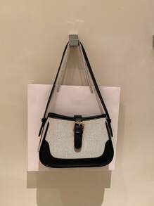 Fashionable Linen Fabric Color Block Shoulder Crossbody Bag , All-match And Elegant For Shopping Niche Design Shoulder Bag Color Contrast Crossbody Bag Trendy Underarm Purse for Women - Hitam - View 4