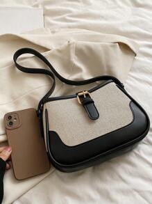Fashionable Linen Fabric Color Block Shoulder Crossbody Bag , All-match And Elegant For Shopping Niche Design Shoulder Bag Color Contrast Crossbody Bag Trendy Underarm Purse for Women - Hitam - View 7