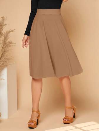 SHEIN Privé Zipper Side Solid Flare Skirt