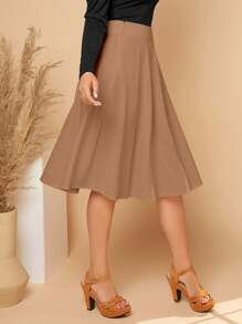 SHEIN Privé Zipper Side Solid Flare Skirt - Camel - View 3