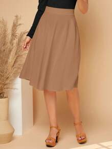 SHEIN Privé Zipper Side Solid Flare Skirt - Camel - View 4