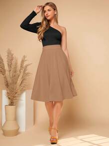 SHEIN Privé Zipper Side Solid Flare Skirt - Camel - View 5