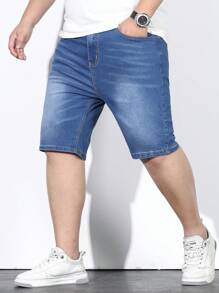 Manfinity Homme Men Plus Cotton Slant Pocket Bermuda Denim Shorts - Medium Wash - View 1