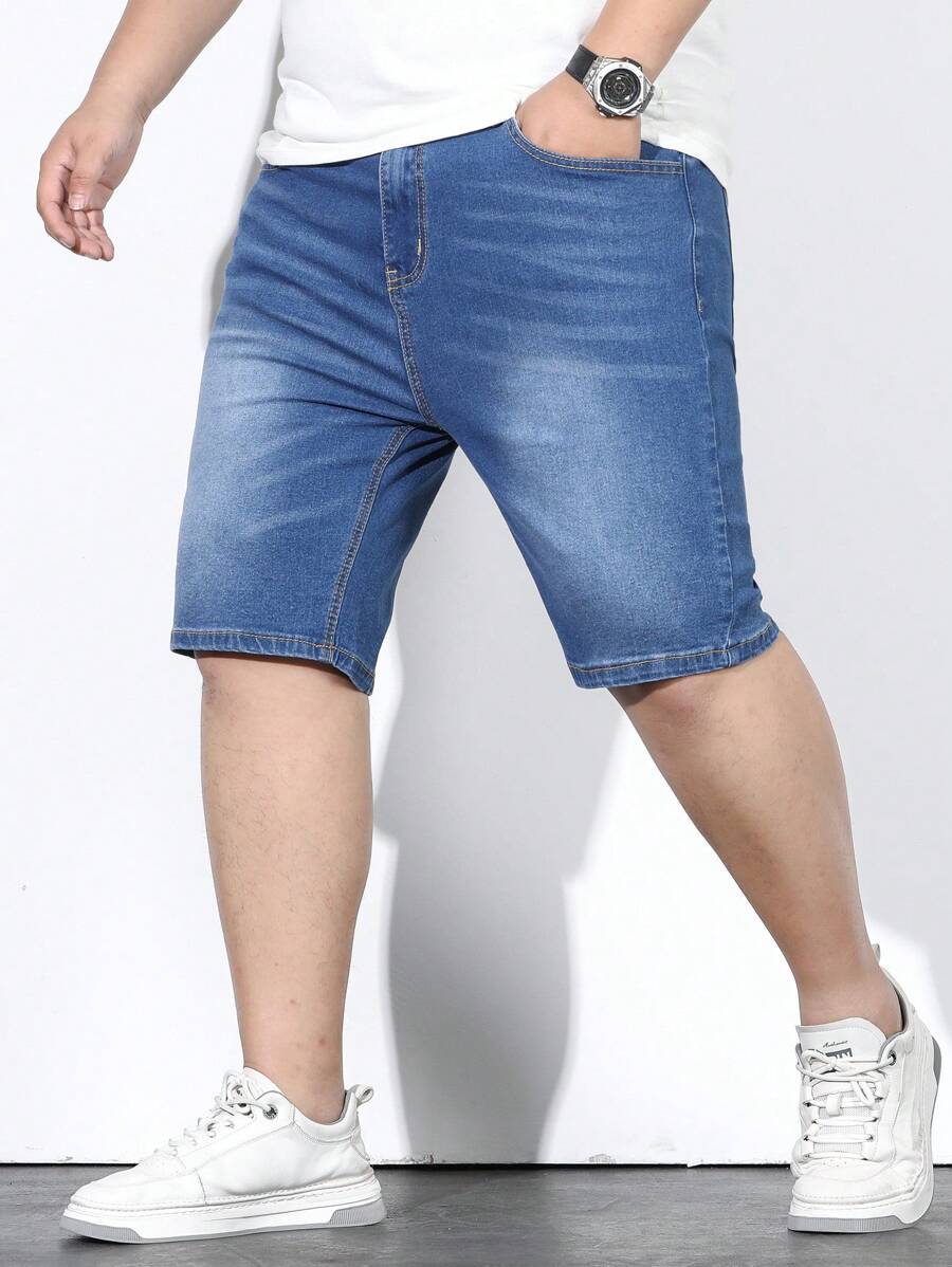 Manfinity Homme Men Plus Cotton Slant Pocket Bermuda Denim Shorts - Medium Wash - View 1