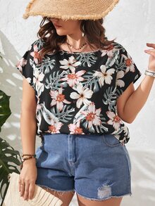 SHEIN VCAY Áo sơ mi Plus Size Nhiệt đới Boho - màu đen - Xem 2