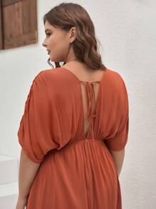 SHEIN Frenchy 大碼蝙蝠袖高衩連衣裙 - 亮橙色 - 查看 3