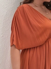 SHEIN Frenchy 大碼蝙蝠袖高衩連衣裙 - 亮橙色 - 查看 5