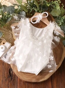 新生兒寶寶女孩鑲嵌連身衣,配飾髮帶攝影道具 - 白色 - 查看 2