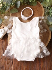 新生兒寶寶女孩鑲嵌連身衣,配飾髮帶攝影道具 - 白色 - 查看 3