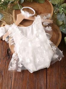 新生兒寶寶女孩鑲嵌連身衣,配飾髮帶攝影道具 - 白色 - 查看 6