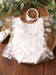 新生兒寶寶女孩鑲嵌連身衣,配飾髮帶攝影道具 - 白色 - 查看 7