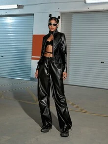 Zip Up Pu Leather Mock Neck Biker Jacket - Black - View 4