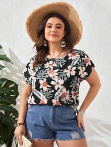 SHEIN VCAY Áo sơ mi Plus Size Nhiệt đới Boho - màu đen - Xem 5