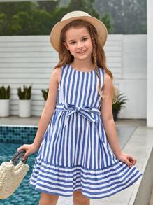 SHEIN Chicas Vestido con cinturón de rayas bajo con fruncido - Azul y blanco - Ver 1