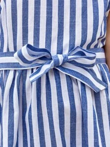 SHEIN Chicas Vestido con cinturón de rayas bajo con fruncido - Azul y blanco - Ver 5