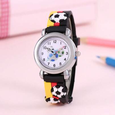 1pc Kids Soccer Pattern Plastic Strap Cute Round Dial Quartz Watch, For Daily Life