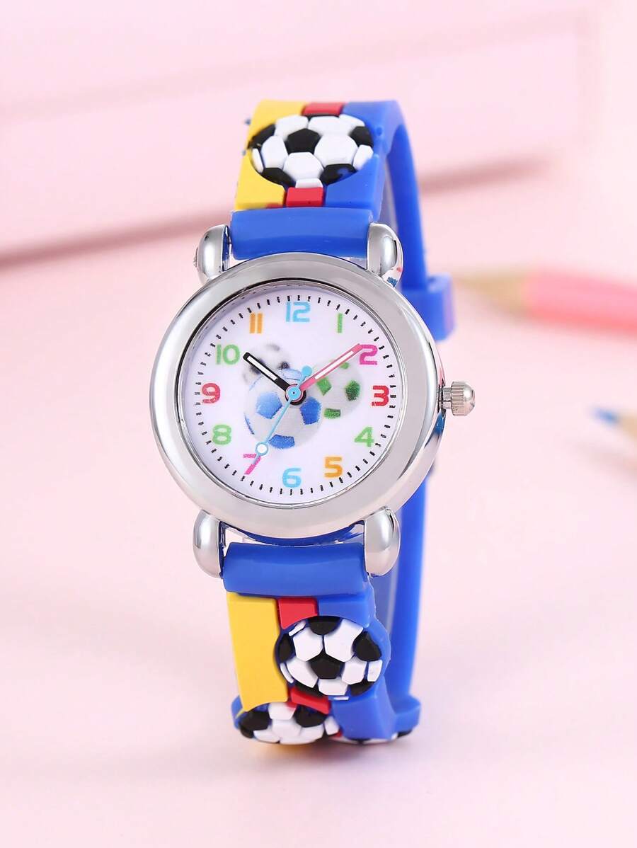 1pc Kids Soccer Pattern Plastic Strap Cute Round Dial Quartz Watch, For Daily Life - Blue - View 1