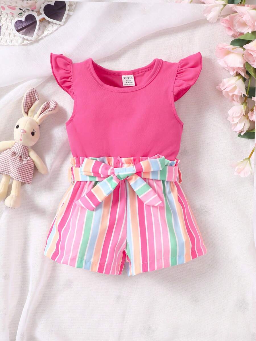 Đứa bé gái Viền Ruffle Áo thun & Sọc Nếp gấp cao eo Quần short - Màu Hồng Tươi - Xem 1