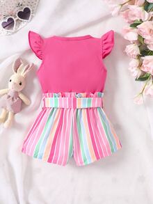 Đứa bé gái Viền Ruffle Áo thun & Sọc Nếp gấp cao eo Quần short - Màu Hồng Tươi - Xem 2