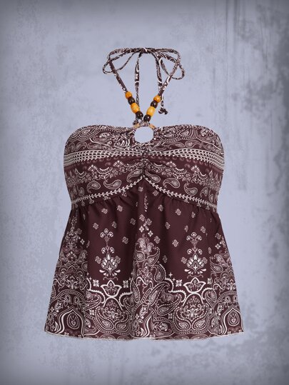 Paisley Print Shirred Halter Top