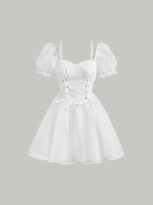 SHEIN MOD Lace Up Front Puff Sleeve Dress - White - View 1