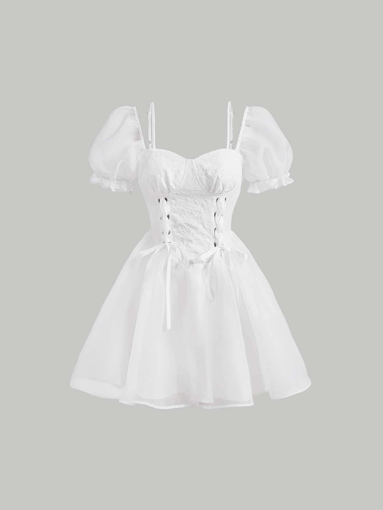 SHEIN MOD Lace Up Front Puff Sleeve Dress - White - View 1