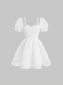 SHEIN MOD Lace Up Front Puff Sleeve Dress - White - View 2