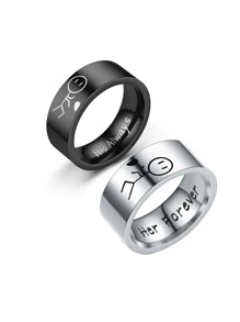 2 cái/bộ Cặp Đôi Nhẫn Đồ Họa Hoạt Hình, Trang Sức Bằng Thép Không Gỉ - Đen và trắng - Xem 2