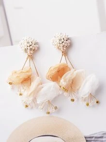 1對時尚手工絲花&珍珠裝飾耳環,適合日常穿著和度假 - 彩色 - 查看 1