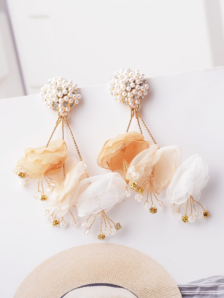 1對時尚手工絲花&珍珠裝飾耳環,適合日常穿著和度假 - 彩色 - 查看 1