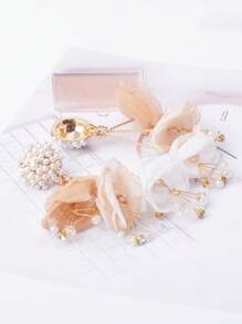 1對時尚手工絲花&珍珠裝飾耳環,適合日常穿著和度假 - 彩色 - 查看 2