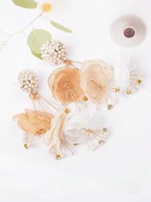 1對時尚手工絲花&珍珠裝飾耳環,適合日常穿著和度假 - 彩色 - 查看 4