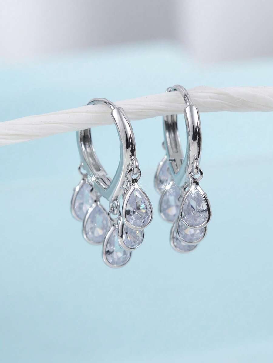 1 对时尚高端奢华闪亮优雅甜美百搭高品质金色、银色、粉色、彩色、桃色、白色水滴、心形、花朵、圆形锆石耳环，适合女性日常佩戴、婚礼、庆典、派对、赠送朋友的礼物 - 銀色 - 查看 1