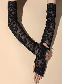 1pair Sweet Lace Sunscreen Long Arm Sleeves, Lightweight And Breathable, With High Elasticity To Cover Scars, Tattoos And Protect Your Arms While Driving Halloween Accessories Winter Gloves Wedding Valentine's Day Valentines - Black - View 2