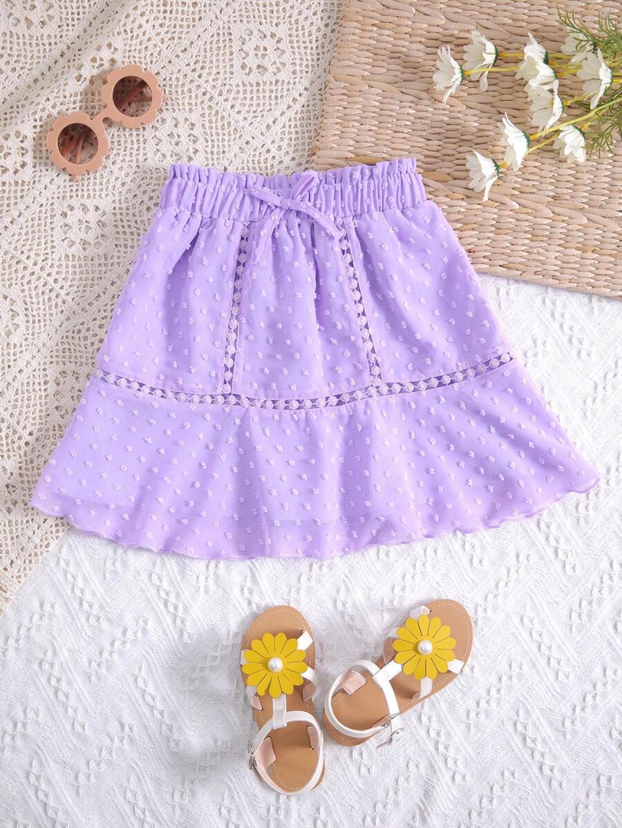SHEIN Girls Swiss Dot Guipure Lace Insert Bow Front Ruffle Hem Skirt - Lilac Purple - View 1